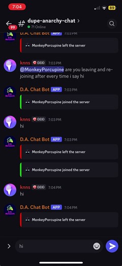 i guess his account hates the word hi on dupe anarchy discord