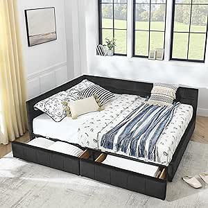 Queen Size Velvet Daybed with 2 Storage Drawers, L-Shaped Corner Upholstered Sofabed Frame with Tufted Design Backrest and Armrest for Home Apartment, Space-Saving Bed Foundation No Box Spring Needed