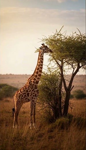 Graceful Giraffe Eats High Acacia Leaves