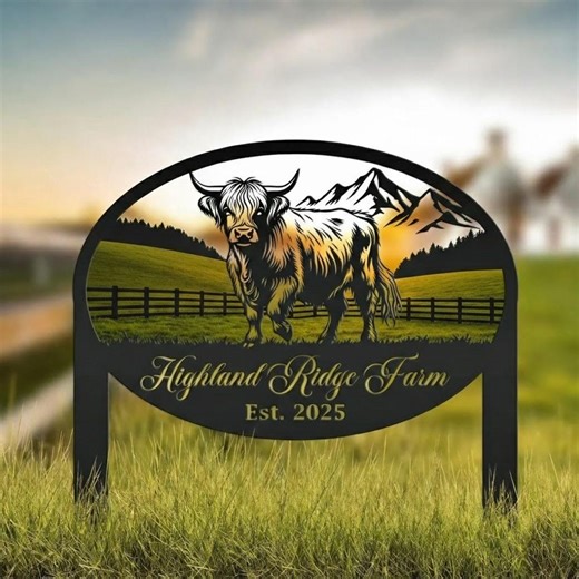 Personalized Highland Cow Farm Sign, Custom Ranch Entrance Metal Sign, Rustic Country Yard Decor - Etsy