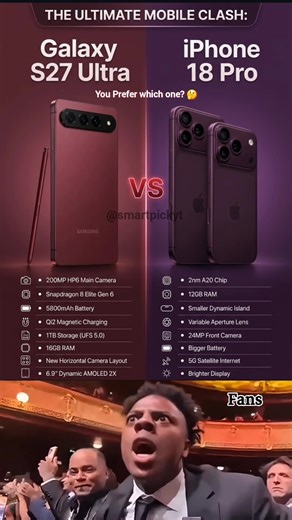 📱Galaxy S27 Ultra vs iPhone 18 Pro | Ultimate Flagship Battle 😱 📱⚡ Welcome to the ultimate smartphone showdown! In this short video, we compare the rumored Galaxy S27 Ultra and iPhone 18 Pro—two next-generation flagship smartphones packed with powerful upgrades, premium design, AI performance, pro cameras, bigger batteries, and cutting-edge display technology. 🔥 In this video you’ll see: Galaxy S27 Ultra Features: ✅ 200MP HP6 Main Camera ✅ Snapdragon 8 Elite Gen 6 Processor ✅ Massive 5800mAh