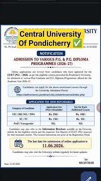 🔴 Central University Of Pondicherry PG Portal Open✅| You Can Apply In This University With Moderate✅