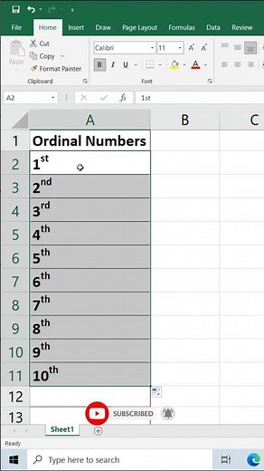 Ordinal Numbers in Excel #shorts