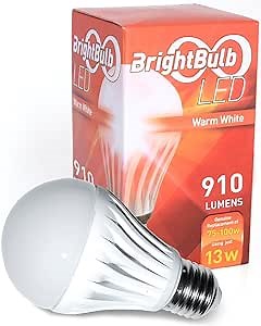 LED Light Bulb- 13W BrightBulb LED Lightbulbs A19, High Efficiency, Warm White (13W= 75-100W Traditional, Non-Dimmable)