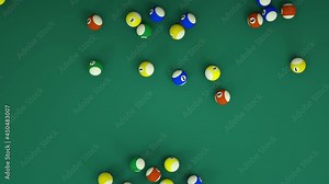 A lot of billiard balls roll across the table. Many Pool balls.Colorful sphere balls with numbers.Billiards, Pool. Abstract animation.3D generated
