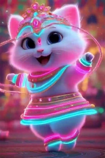 Cute Neon Kitty in Festival Dress 💎🐱 | Dancing Cat Cartoon
