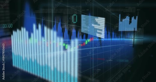 Floating chart cluster rotating and sliding after vertical bar appearing, showing market trends
