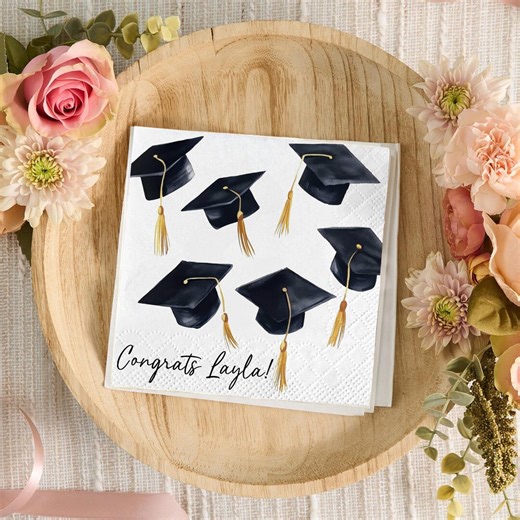 Personalized Graduation Party Napkins, Custom Congrats Grad Decor, Elegant Graduation Cap Toss Favors, Black & Gold Graduation Supplies 2026 - Etsy