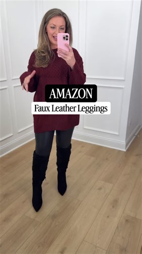 Ashley | Affordable Fashion & Everyday Style on Instagram: "Amazon Faux Leather Leggings⬇️ Comment SHOP for a DM w/ 🔗! Love this elevated leggings look! Perfect for layering under oversized sweaters or tunic length tops! I am 5’5” size 8/10 wearing size Large (went up a size) and they are so comfy and cozy and perfect for those winter outfits! Comes in several colors as well! ⬇️ Comment SHOP for a DM w/ 🔗 or click Amazon Storefront link in bio! 📲Follow me for more Amazon Fashion Finds! URL: h
