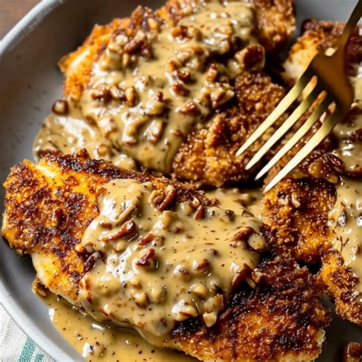 Pecan-Crusted Chicken with Honey Mustard Cream Sauce Ingredients: 2 boneless, skinless chicken breasts (about 1 pound total), halved horizontally ½ cup finely chopped pecans ½ cup plain breadcrumbs 1 tablespoon Dijon mustard 1 tablespoon honey Salt and freshly ground black pepper, to taste 1 tablespoon olive oil 1 tablespoon butter ¼ cup heavy cream 1 tablespoon Dijon mustard 1 tablespoon honey 1 tablespoon butter ¼ teaspoon cayenne pepper (optional, for heat) ⅓ cup chopped pecans, lightly toast