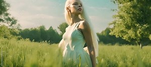 An artistic portrayal of a black albino model with white hair, captured in a green grass landscape under soft sunlight