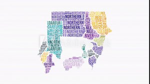 Sudan regions word cloud animation. Country logo animated video. Sudan colored text cloud. Regions typography style motion graphics. Stylish video.