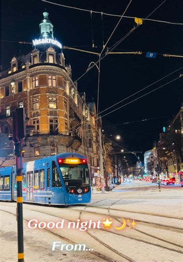Good night and sleep tight…from Stockholm🇸🇪🏙️💙🌟✨🌙❄️🩵#stockholm #sweden #winter #Tram #snow