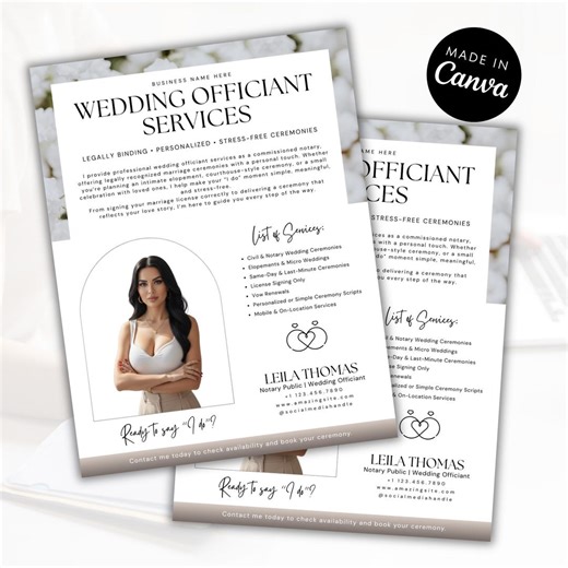 Wedding Officiant Marketing Flyer | Notary Editable Template | Wedding Service Flyer - Etsy