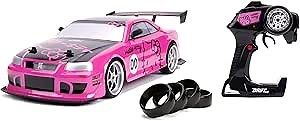 Jada Toys Hello Kitty Nissan Skyline GT-R (Bnr34) Drift Power Slide Elite R/C, USB Charging, with 4 Extra Tires, Pink