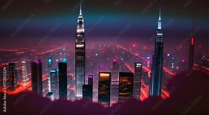 Animated fantasy city skyline that comes alive at night with towering skyscrapers and city lights. It showcases bustling cityscapes and stunning architecture.