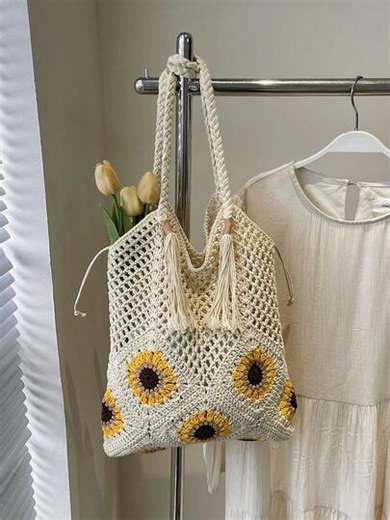 Handmade Crochet Cotton Sunflower Pattern Tote Bag, Tassel Braided Shoulder Strap, Drawstring Lining, Large Capacity Vacation Beach Bag, Jute Rope Handle, Casual Shoulder Bag, Roomy Shopping Bag, Suitable For Spring/Summer Outfits | SHEIN