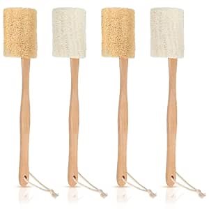 Bokon 4 Pack Natural Exfoliating Loofah Bath Back Brush Loofah Back Scrubber Long Handle for Shower Exfoliating Body Scrubber Luffa Sponge on a Stick for Men and Women, Cleans Hard to Reach Areas