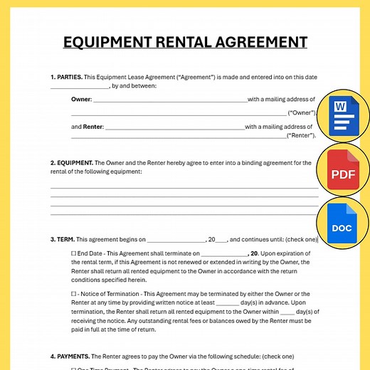 Equipment Rental Agreement Contract Form Editable Printable Template Professional Lease Simple Rental Term Download MS Word Google Docs PDF - Etsy