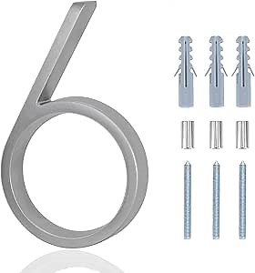 Modern Address Numbers, 5 Inch Floating House Numbers, DIY Address Numbers with Screws for Outside, Rust Free Zinc Alloy, Silver Number 6
