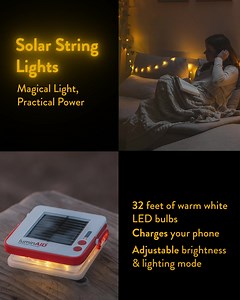 Meet the newest addition to the LuminAID lineup: a solar string light, lantern, and phone charger—all in one! With 32 feet of warm white LED bulbs, this versatile light brings a cozy glow to your tent, RV, backyard, or bedroom. ✨ 3-in-1 Functionality: String Light, 300-Lumen Lantern & Phone Charger ⚡ Power Up Anywhere: Solar & USB Rechargeable with a 2000mAh Battery 🌟 Extra-Long Glow: 32 Feet of Light with 100 LED Bulbs 🔧 Multiple Modes: High, Medium, Low, Candlelight Flicker & Emergency Red F