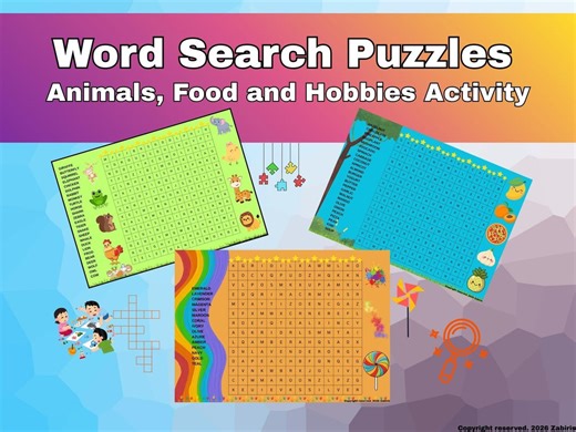 Printable Word Search Puzzles for Kids Animals Food Hobbies Vocabulary Learning A4 US Letter - Etsy