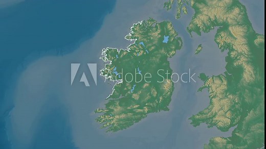 Clare, county of Ireland, with its capital, localized, outlined and zoomed with informative overlays on a relief map in the Stereographic projection. Animation 3D