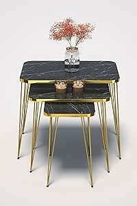 Faux Marble Nesting Coffee Tables with Metal Legs,Rectangular Set of 3 End Tables for Living Room,Stacking Side Tables,Set of 3 Accent Table for Living Room,Small Side Table (Black Marble)