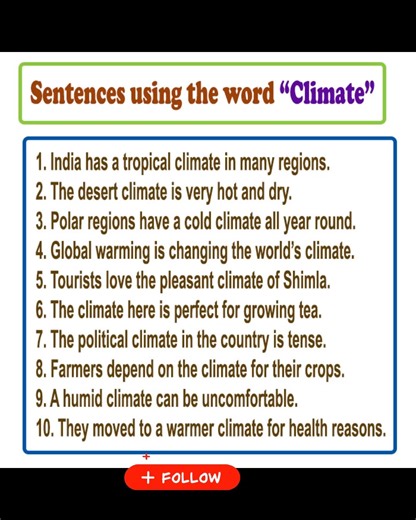 Meaning of "Climate": Climate is the usual or long-term weather pattern in a particular area. It can also mean the general atmosphere or situation in a place or group. Example Sentences with "Climate": 1. India has a tropical climate in many regions. 2. The desert climate is very hot and dry. 3. Polar regions have a cold climate all year round. 4. Global warming is changing the world’s climate. 5. Tourists love the pleasant climate of Shimla. 6. The climate here is perfect for growing tea. 7. Th