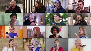 A composition showing 16 different people using their smartphones to send voice messages, capturing a modern communication method.