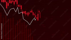 Trading chart experiencing a negative trend in the forex, crypto, and stock markets. The camera follows the indicator line, capturing its sharp descent amidst fluctuating market conditions.
