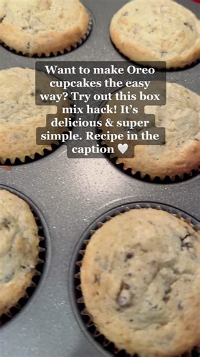 Here's a simple and delicious recipe for Oreo cupcakes, using a box mix hack! Ingredients: - 1 box white cake mix - 4 eggs - 1/2 cup vegetable oil - 1 cup whole milk - 1 cup sour cream - 1 cup crushed Oreos Instructions: 1. Preheat oven to 325 degrees F. 2. Line a muffin tin with cupcake liners. 3. In a large bowl, mix together cake mix, eggs, vegetable oil, sour cream and milk until smooth. 4. Fold in crushed Oreos. 5. Pour batter into cupcake liners, filling each about 2/3 full. 6. Bake for 18
