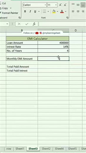 How to create Monthly EMI Total loan amount and intrest calculator in Excel #explorepage #Excel #exploremore #viral | My Learning Sheet