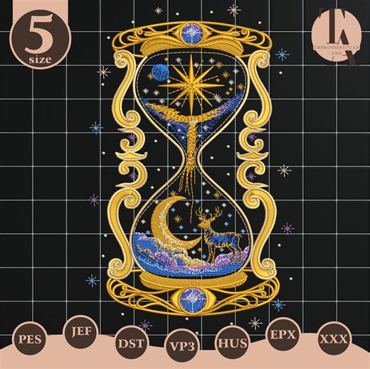 Celestial Hourglass Embroidery Design, Fantasy Zodiac Deer Moon Star Embroidery File, Mystical Cosmic Embroidery Pattern - Etsy
