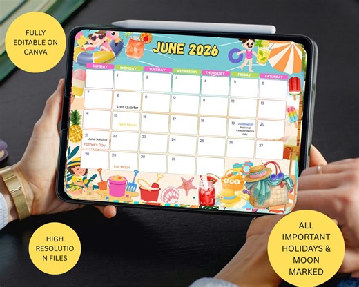 Editable June 2026 Calendar Monthly Planner for Kid School Work Office Summer Planning Beach Printable Instant Download W/holidays Moon - Etsy