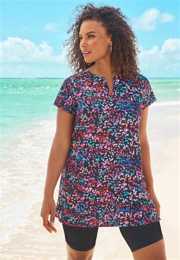Swim-Friendly Crewneck Longer Swim Tunic, Party Multi