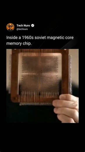 Tech Nuro on Instagram: "This is an original Soviet-era magnetic core memory module from the 1960s–70s — a time when every single bit of data had a physical home. 🧲💾 Each tiny ferrite ring you see stores just one bit (a 0 or a 1), magnetized in different directions. These rings are hand-woven into a precise 64 × 64 grid, giving a total capacity of 4,096 bits — roughly half a kilobyte of memory. To increase storage, engineers stacked multiple grids together, literally building memory layer by l