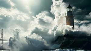 Majestic waves crashing against a lighthouse in a stormy ocean landscape, 4k footage