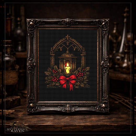 Gothic Christmas Candle Cross Stitch Pattern — Holly Berry Bow Lantern, Winter Cathedral Arch PDF - Etsy