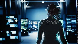Employee walking through data center infrastructure clusters providing processing resources for different workloads. Engineer inspecting server rigs tasked with solving complex operations