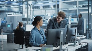 Portrait of a Young Male Assembly Line Worker and Hispanic Female Engineer Collaborating on a Project, Using Computer and Talking in a Factory with Robotic Arms Producing Modern High-Tech Devices.
