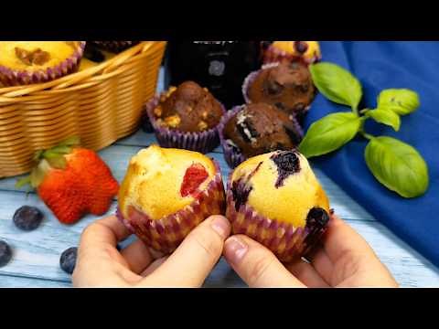 50 g milk, 50 g oil, 50 g sugar... Simple and very fluffy muffins, with chocolate, blueberries, s...