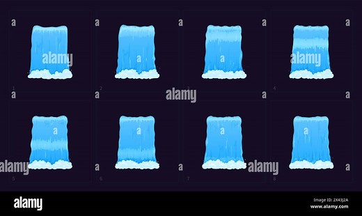 Water cascade waterfall sprite sheet animation. Cartoon vector falling aqua jets with drops for game motion effect. Sequence frame, 2d liquid splash animated design elements, fx spritesheet streams Stock Vector Image & Art - Alamy