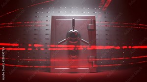 Steel safe and deposit boxes in secured room by red, moving laser system.