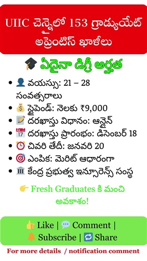 👉 UIIC Apprentice Recruitment 2025 | Insurance Jobs Telugu | Graduate Jobs #shorts