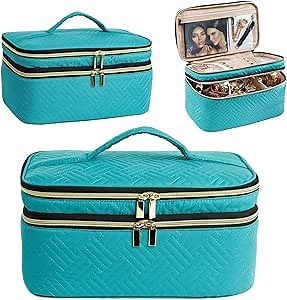 AMOIGEE Large Makeup Bag, Travel Makeup Bag Organizer, Double Layer Train Case Makeup Bag, Toiletry Bag for Makeup Brushes, Full Size Bottles, Palettes Sponge, Cosmetic Organizer