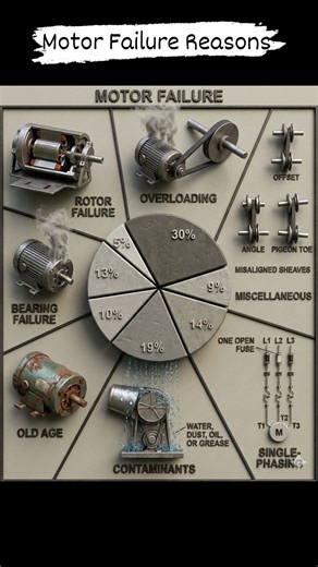 Here are the main reasons for electric motor failure commonly observed in industrial plants: Overheating – Due to overloading, poor ventilation, or cooling fan failure, which damages insulation. Electrical Overload – Excess current causes winding insulation breakdown. Bearing Failure – Caused by poor lubrication, contamination, or misalignment. Voltage Imbalance – Creates uneven heating in windings leading to early failure. Insulation Deterioration – Due to aging, moisture ingress, or chemical e