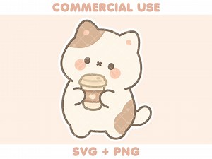 Cute Cat Holding Coffee Cup Illustration | PNG SVG | Kawaii Pastel Clipart | Cricut Cut File | Sticker Design | Commercial Use - Etsy