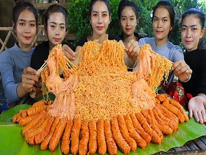 Cook and Eat Stir Dried Noodle With Mushroom and Hot dog | Primitive TV