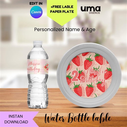 STRAWBERRY Water Bottle Label Printable Editable   Free Paper Plate Label, STRAWBERRY Party Drink Label, STRAWBERRY Theme Party Decorations - Etsy
